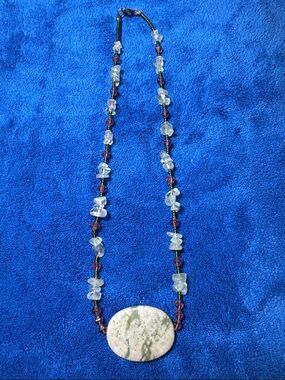 Handcrafted Green Jasper or Moss Agate Oval Pendant Necklace with chip gemstones